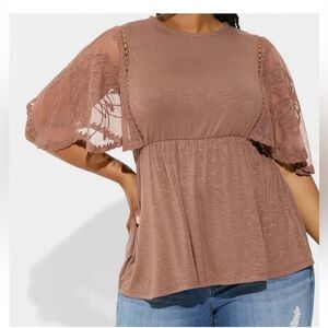 Torrid deep taupe Knit Crew Lace Doleman sleeve Babydoll top